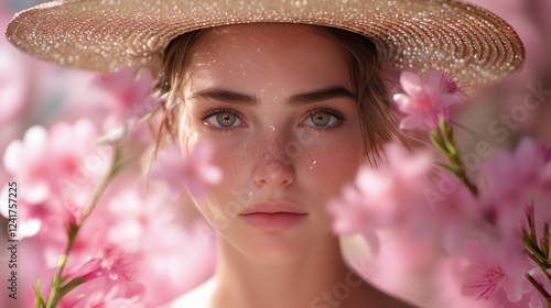 Romantic Portrait of a Young Woman with Freckles Wearing a Straw Hat Surrounded by Pink Blossoms