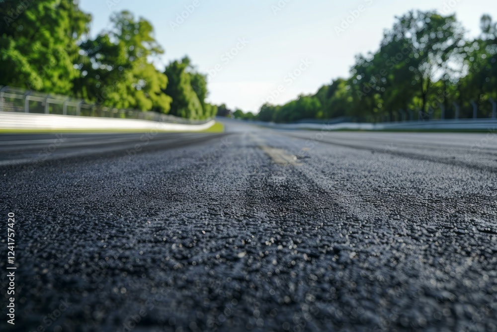Smooth black asphalt race track surface disappearing into the distance on a sunny day Smooth black asphalt race track surface disappearing into the distance on a sunny day