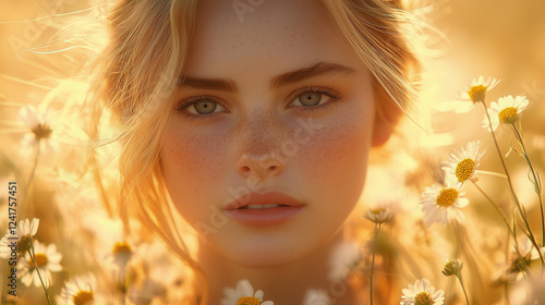 Ethereal Portrait of a Young Woman with Freckles Surrounded by Daisies in Golden Sunset Light