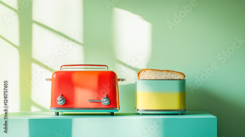 Vibrant retro toaster with matching bread box in studio setting for vintage kitchen decor photo