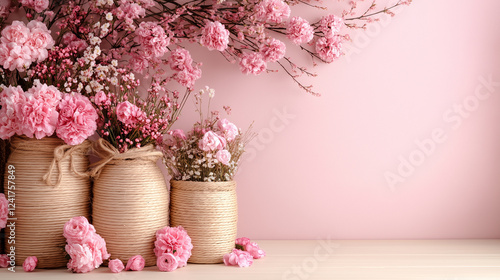Rustic Spring Still Life with Wicker Baskets, Greenery, and Pink Cherry Blossoms on a Soft Pastel Background