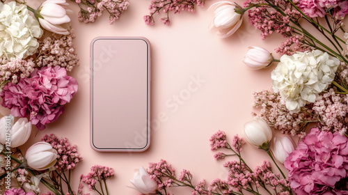 Elegant Smartphone Mockup with Floral Frame of Pink and White Flowers on a Soft Pastel Background