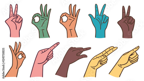 Stylized Hand Gesture Illustrations - Colorful Hand Signs in Different Poses
