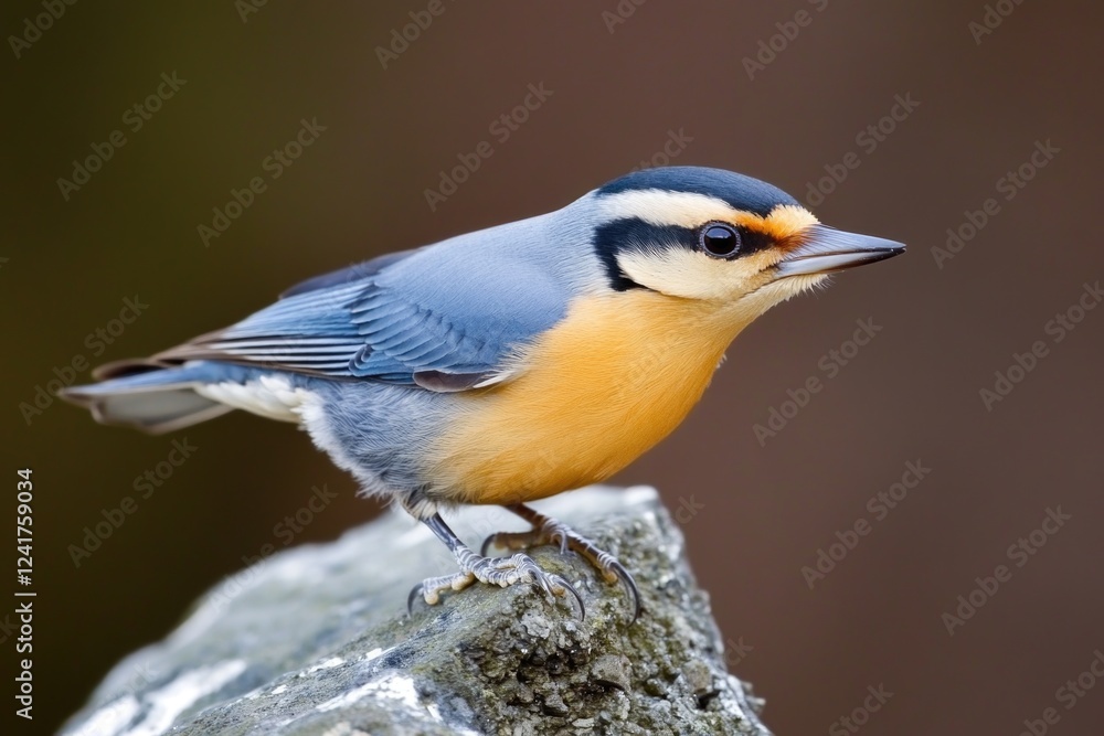 Obraz premium A blue and orange bird perched on a rock, ready for flight