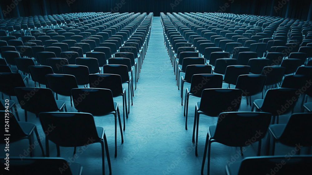 Naklejka premium Large empty conference hall with rows of chairs set up for an event