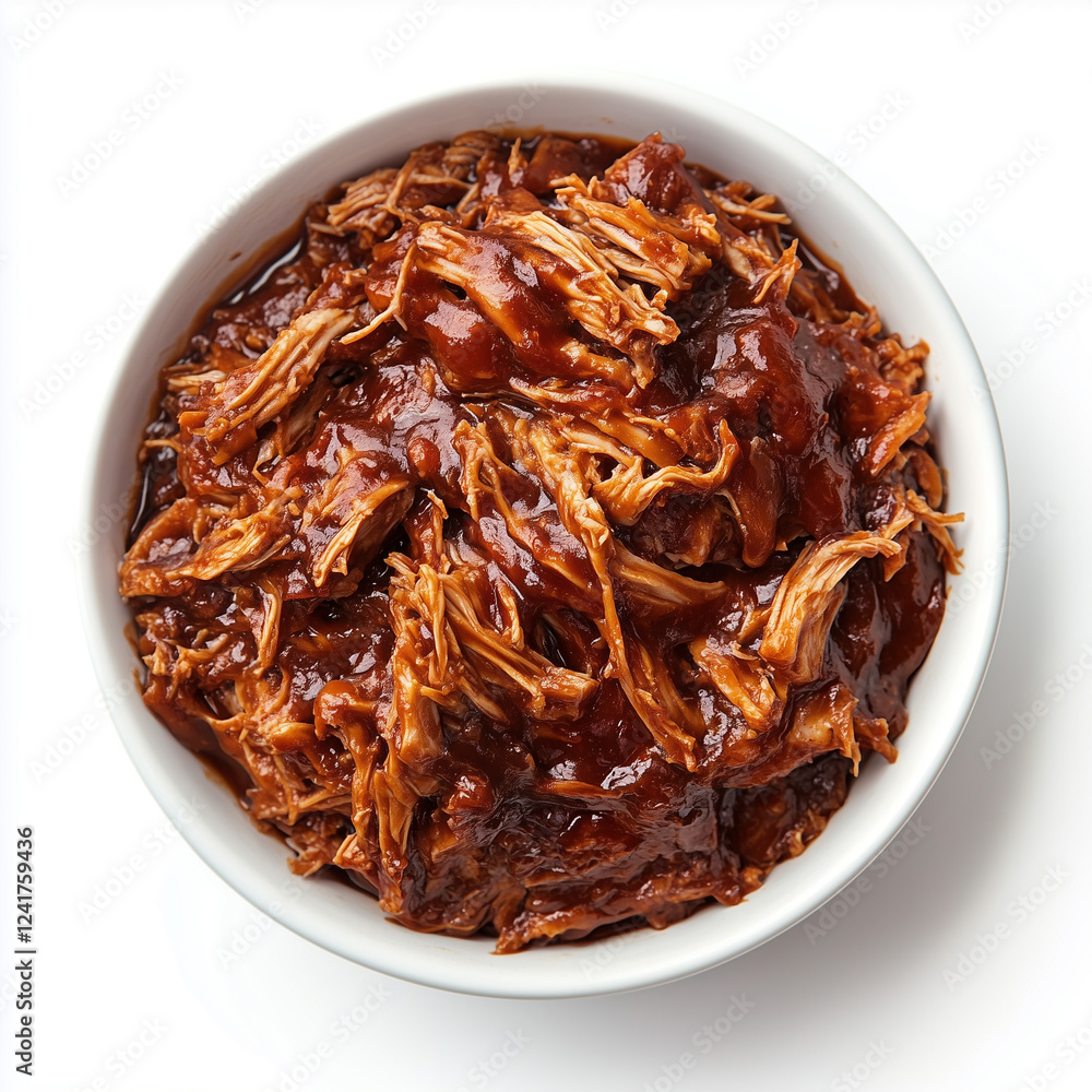 Bowl of Shredded Barbecue Pulled Pandk, Mixing Or Serving Bowl Style, top view, stock photo, isolated on white, photorealistic food Bowl of Shredded Barbecue Pulled Pandk, Mixing Or Serving Bowl Style, top view, stock photo, isolated on white, photorealistic food