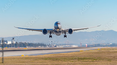 Airplane takeoff with landing gear above runway against clear sky photo