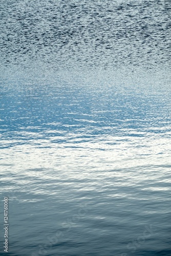 Abstract azure water surface with mild waves, vertical image, reflection of sky