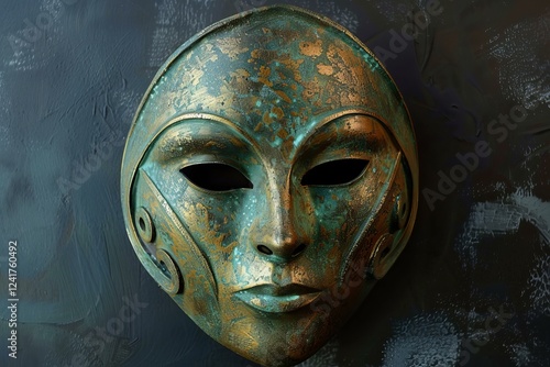 Antique metal mask with a verdigris patina rests against a dark background