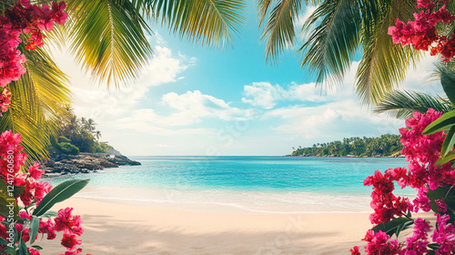 Fototapeta Naklejka Na Ścianę i Meble -  A tropical beach view with palm trees, colorful flowers framing the scene, and a tranquil turquoise ocean, symbolizing a peaceful vacation and natural beauty.