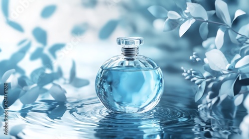 Serene Blue Perfume Bottle - A luxurious blue perfume bottle rests gently on clear water, surrounded by delicate blue-toned leaves.  Evokes tranquility and elegance.