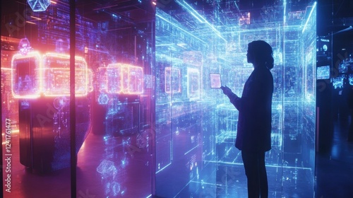 Silhouette of an engineer using a tablet, managing a holographic projection of a complex and futuristic manufacturing process, showcasing innovative technology in an industrial setting