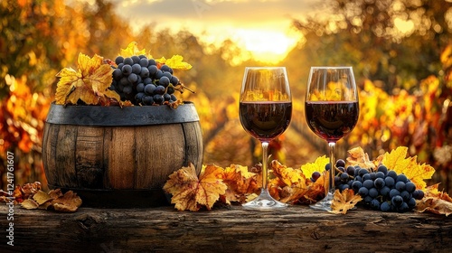 Autumn Vineyard Harvest Wine Glasses Grapes Barrel photo