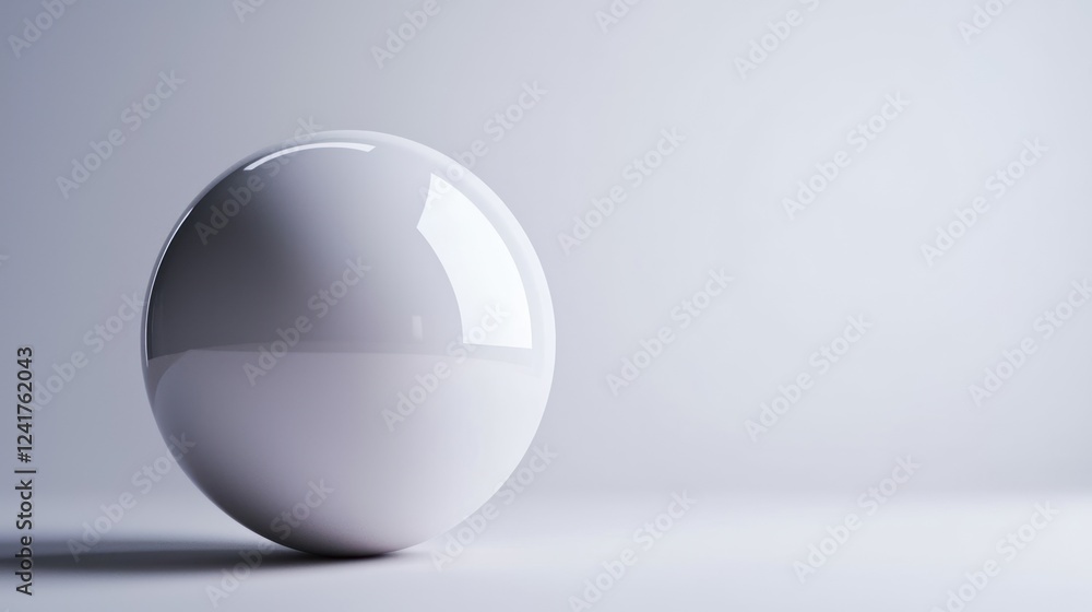 Glossy white sphere positioned on a minimalist surface with soft lighting, creating a serene atmosphere Glossy white sphere positioned on a minimalist surface with soft lighting, creating a serene atmosphere