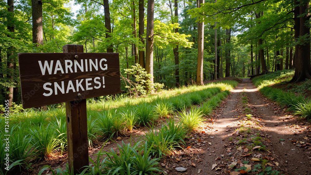 Warning Snakes Sign on Forest Path for Hiking Safety, Educational Materials, Website Illustrations Warning Snakes Sign on Forest Path for Hiking Safety, Educational Materials, Website Illustrations