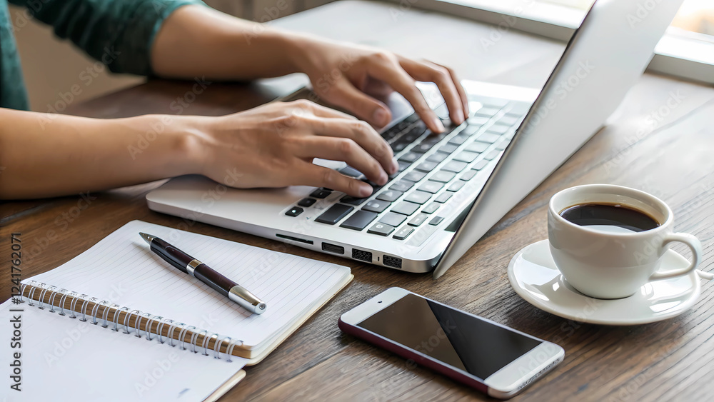 Close-up of hands typing on a laptop keyboard with a smartphone, notebook, and coffee cup nearby, symbolizing productivity and remote work. Close-up of hands typing on a laptop keyboard with a smartphone, notebook, and coffee cup nearby, symbolizing productivity and remote work.