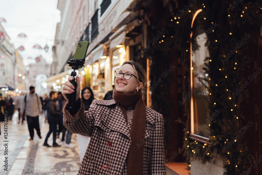 Vlogger traveler woman recording video on phone share via app her travel vacation in the Lisbon. Middle age woman influencer shooting social media stories on the street leading to Commerce Square. UGC Vlogger traveler woman recording video on phone share via app her travel vacation in the Lisbon. Middle age woman influencer shooting social media stories on the street leading to Commerce Square. UGC