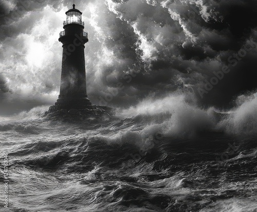 Dramatic lighthouse amidst stormy ocean waves and dark clouds photo