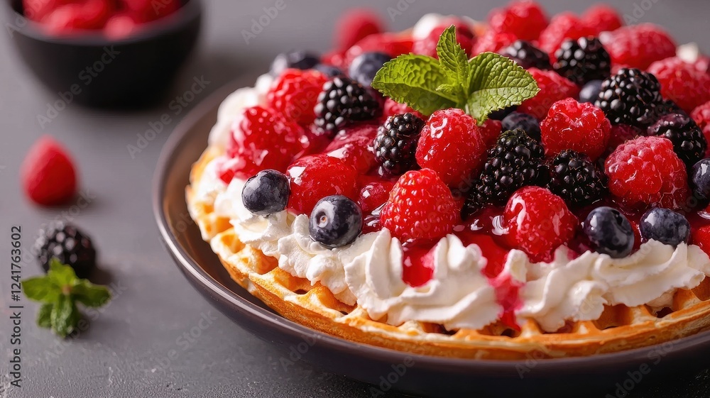 International waffle day with celebration and recipe idea. Delicious berry topped waffle dessert with whipped cream. International waffle day with celebration and recipe idea. Delicious berry topped waffle dessert with whipped cream.