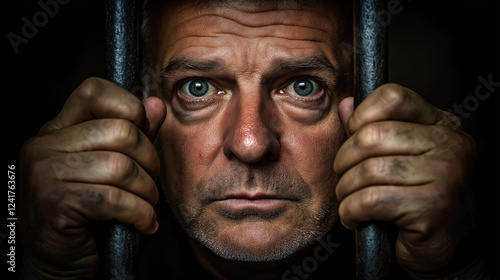 Close-up of a man in his forties, locked in a prison cell, his hands gripping the bars. Eyes convey despair and longing for freedom, reflecting the emotional turmoil of punishment