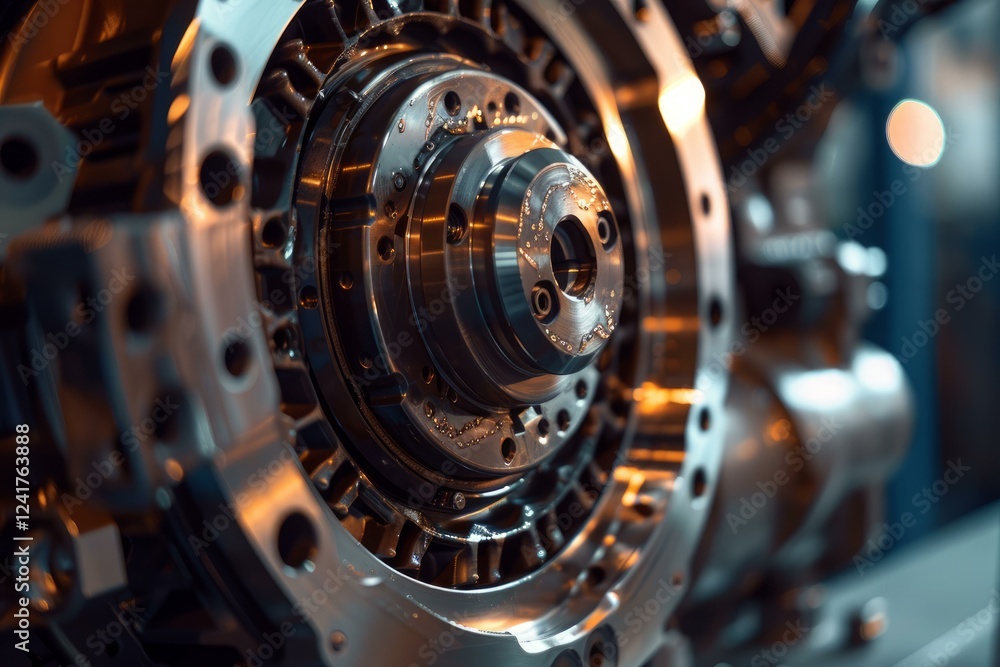 Complex car engine with many mechanical parts is glowing in warm light Complex car engine with many mechanical parts is glowing in warm light