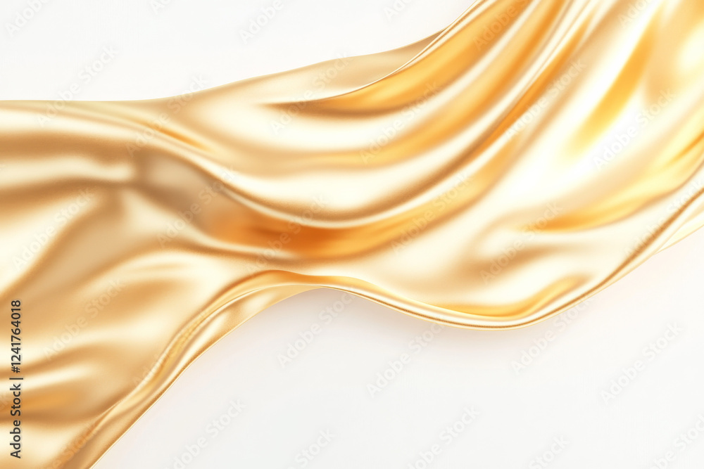 Fototapeta premium Gold silk fabric flowing gracefully against a white background showcasing texture and elegance