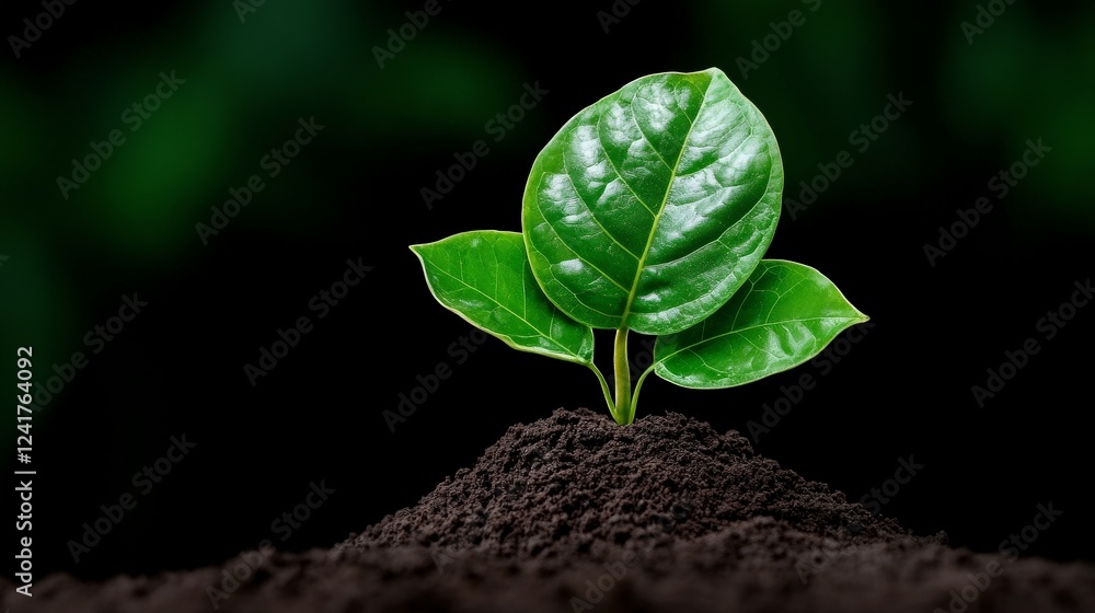 Naklejka premium New Growth: A young seedling emerges from the rich soil, symbolizing new beginnings, resilience, and the promise of life in a dark green natural background.