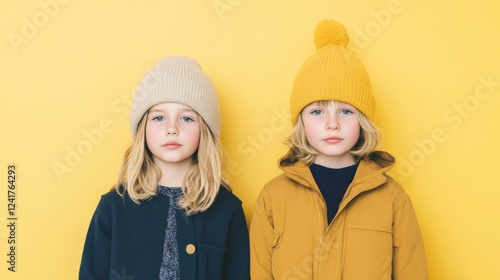 Children in winter hats, yellow background, studio portrait, fashion catalog photo