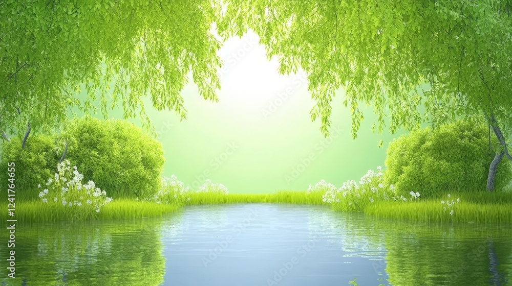 Serene Pond in Springtime - Tranquil scene of a calm pond surrounded by lush green foliage and blooming flowers, bathed in soft sunlight. Perfect for nature, serenity, and spring themes. Serene Pond in Springtime - Tranquil scene of a calm pond surrounded by lush green foliage and blooming flowers, bathed in soft sunlight. Perfect for nature, serenity, and spring themes.