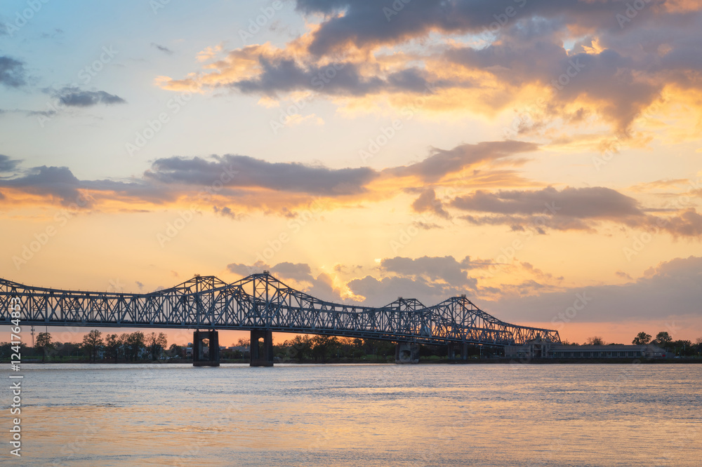 Natchez-Vidalia Bridge over the Mississippi River at sunset. Seen from Natchez, Mississippi