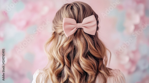 Elegant half up half down hairstyle with soft waves and pink bow on pastel background photo