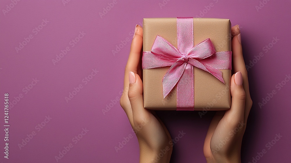 A pair of hands gently holding a beautifully wrapped gift with a pink ribbon against a purple background A pair of hands gently holding a beautifully wrapped gift with a pink ribbon against a purple background