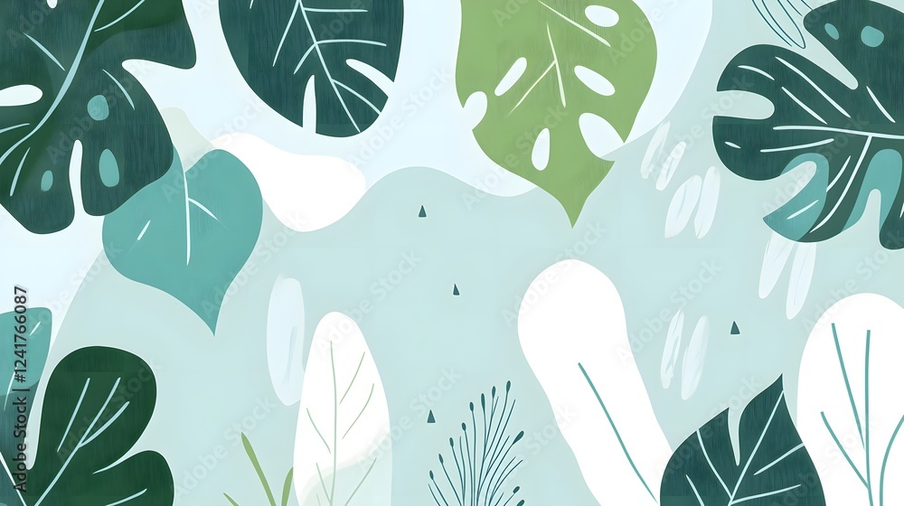 Fototapeta premium A seamless pattern of various green tropical leaves, in a flat illustration style 