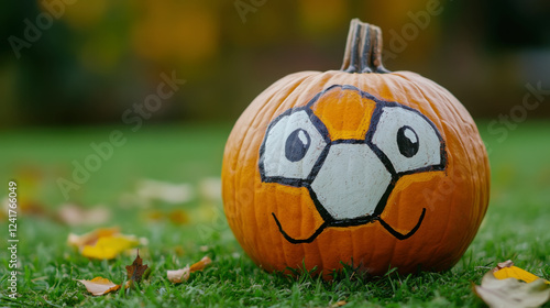 Cute pumpkin painted as soccer ball perfect for halloween decoration and fall sports theme photo