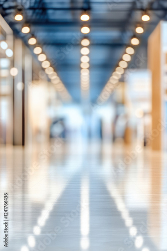 Blurred background of trade show floor with booths, dynamic business expo atmosphere. photo