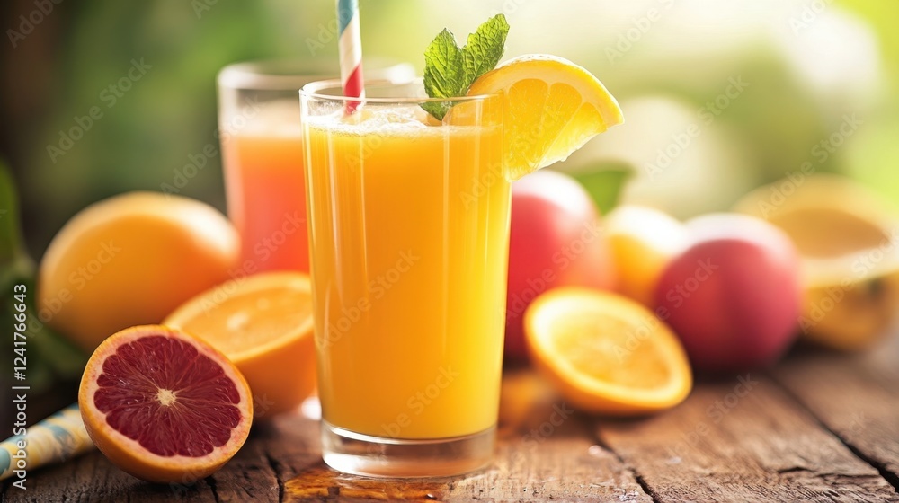 Fototapeta premium glass of orange juice garnished with a slice of orange and a sprig of mint, surrounded by fresh citrus fruits