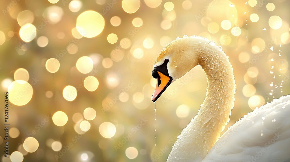 Fototapeta premium White swan with water droplets on its neck and blurred background