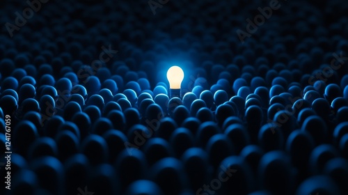 Shining Bright: One Idea Among Many - A single illuminated lightbulb stands out amongst a sea of dark, unlit bulbs, symbolizing unique ideas and innovation.