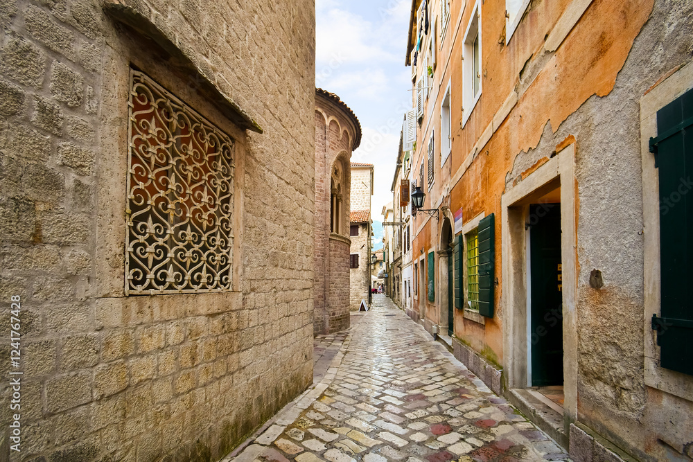 Fototapeta premium A narrow alley alongside the Cathedral of Saint Tryphon in the medieval old town of Kotor, Montenegro.