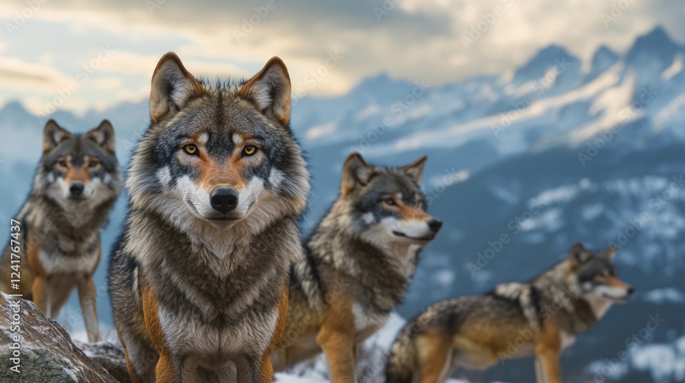 Group of wolves standing together against mountain backdrop during twilight Group of wolves standing together against mountain backdrop during twilight