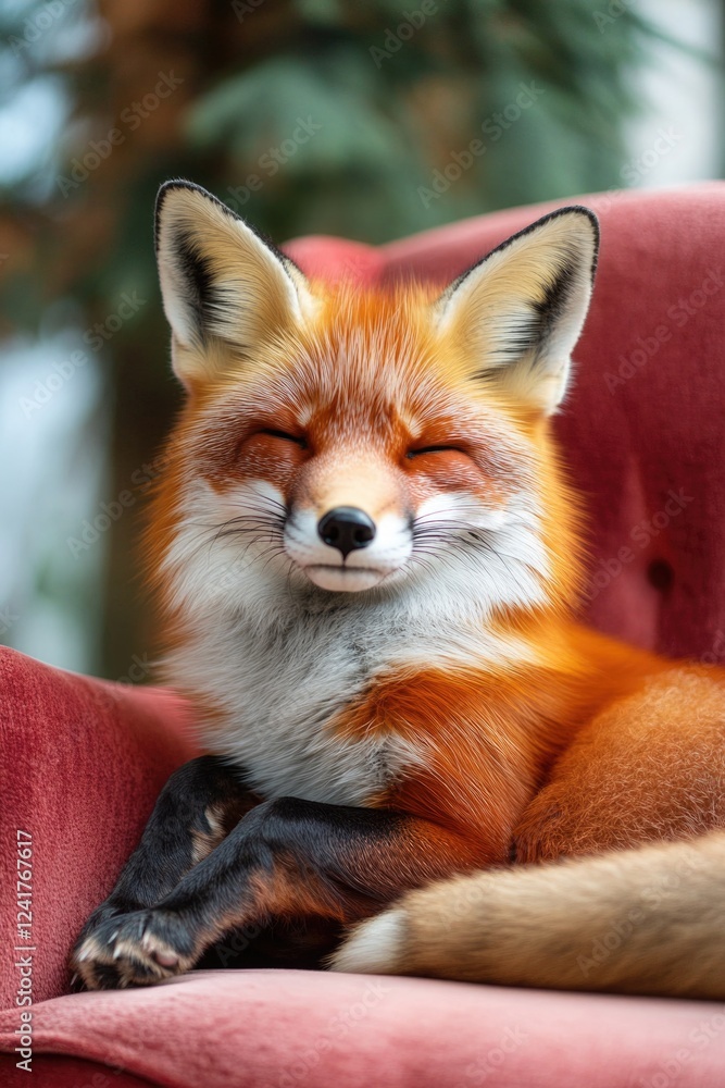 Fototapeta premium A red fox resting on a red chair, a unique and cozy scene