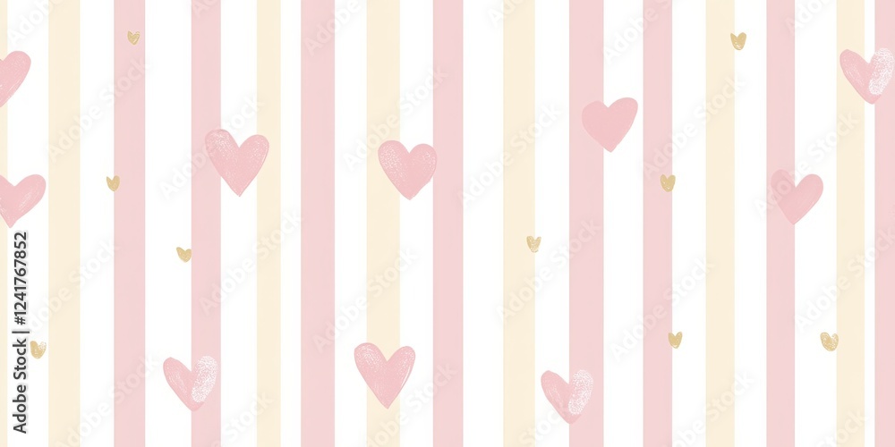 Soft pink striped pattern with white stripes and pink hearts Soft pink striped pattern with white stripes and pink hearts