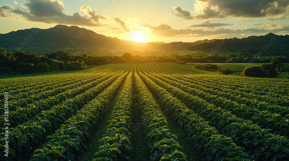 Aerial view of lush green farmland at sunrise Aerial view of lush green farmland at sunrise