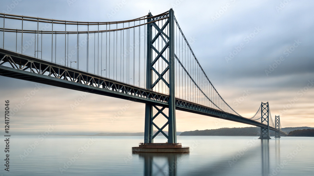Architectural structure modern suspension bridge over calm coastal waters Architectural structure modern suspension bridge over calm coastal waters