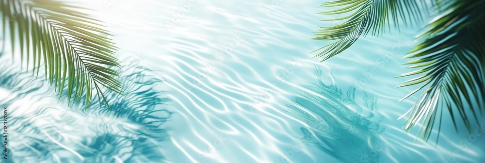 A tranquil summer oasis awaits you, featuring stunningly shimmering turquoise waters and lush green palm leaves that sway gently in the warm sunlight, evoking a profound sense of peace and relaxation A tranquil summer oasis awaits you, featuring stunningly shimmering turquoise waters and lush green palm leaves that sway gently in the warm sunlight, evoking a profound sense of peace and relaxation