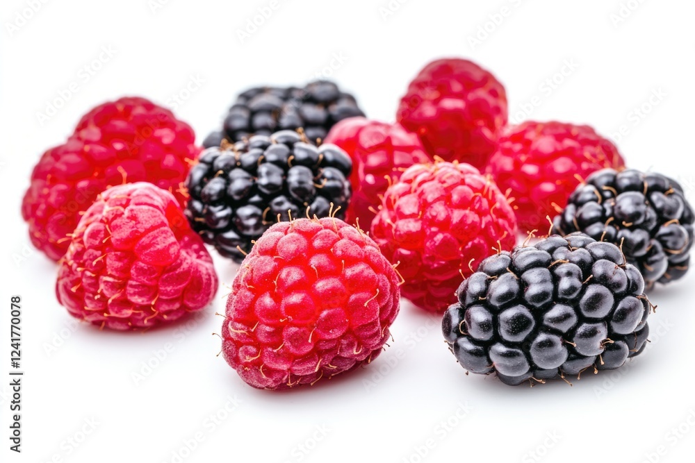 Fresh raspberries arranged on a clean white surface, perfect for food photography or styling Fresh raspberries arranged on a clean white surface, perfect for food photography or styling