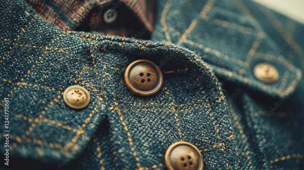 Denim jacket buttons close-up, shirt collar, textured fabric, outdoor background, fashion detail Denim jacket buttons close-up, shirt collar, textured fabric, outdoor background, fashion detail