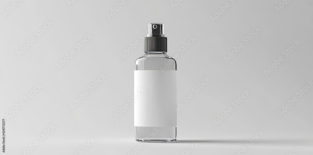 A 3D rendered image of an isolated white plastic spray bottle mockup featuring a small liquid container and an atomizer pump, with an empty label space, placed on a clean white background A 3D rendered image of an isolated white plastic spray bottle mockup featuring a small liquid container and an atomizer pump, with an empty label space, placed on a clean white background