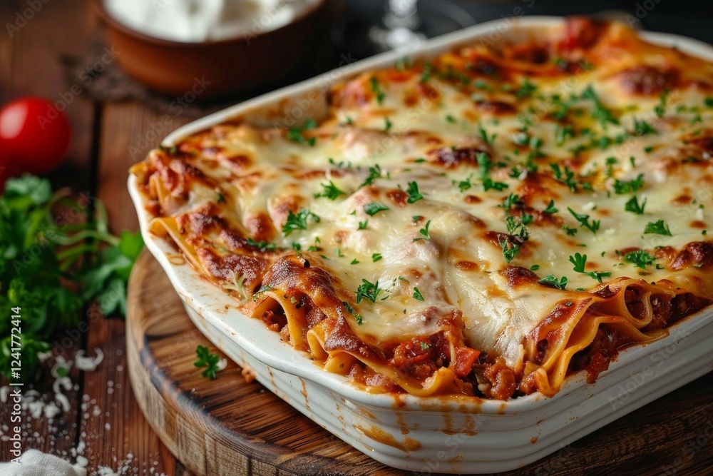 Freshly cooked lasagna bolognese is steaming in a white ceramic baking dish, garnished with fresh parsley Freshly cooked lasagna bolognese is steaming in a white ceramic baking dish, garnished with fresh parsley