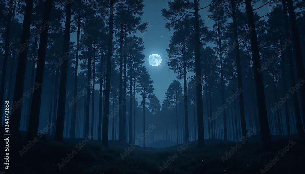 Naklejka premium Moonlit forest with tall trees and soft shadows creating an enchanting night scene